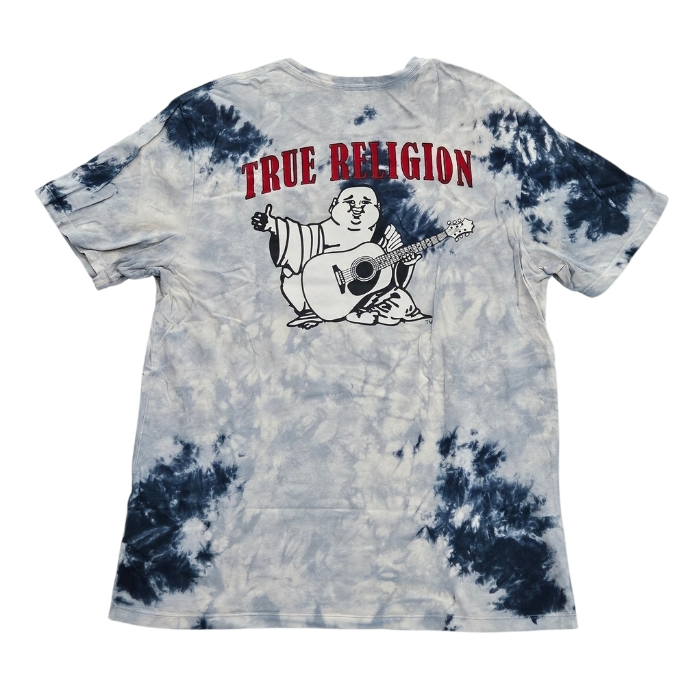 True Religion World Tour Buddha Guitar Blue Tie-Dye Logo Crew T-Shirt Tee Large